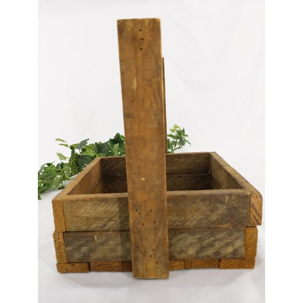 vtg Handmade Rustic Wooden Farmhouse‎ Crate Carry Basket Decor Planter Holder